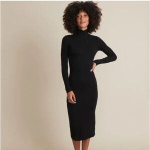Marine Layer Lexi Ribbed Mockneck Long Sleeve Midi Dress in Black XS